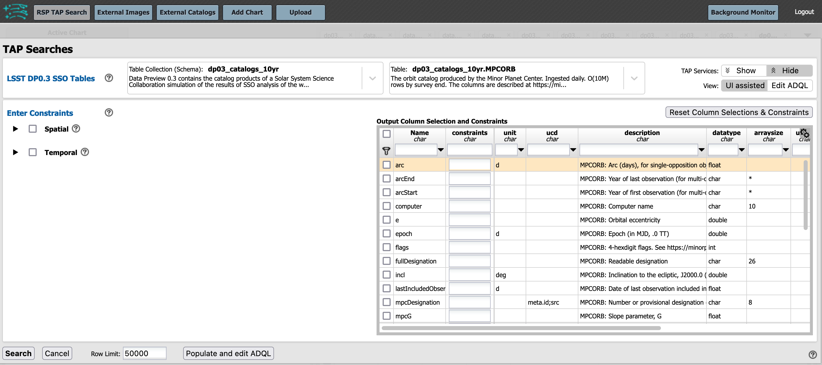 A screenshot of the Portal interface when it is prepared to query the MPCORB table.