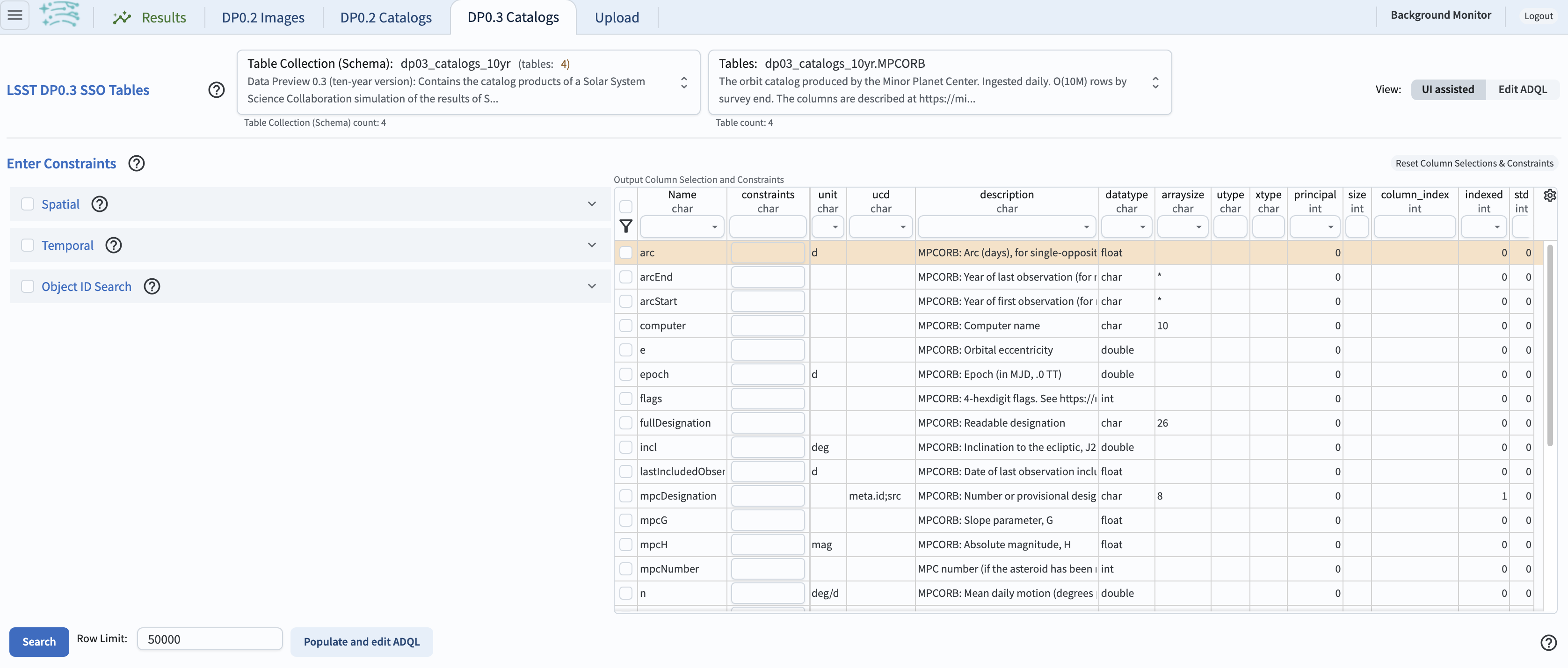 A screenshot of the Portal interface when it is prepared to query the MPCORB table.