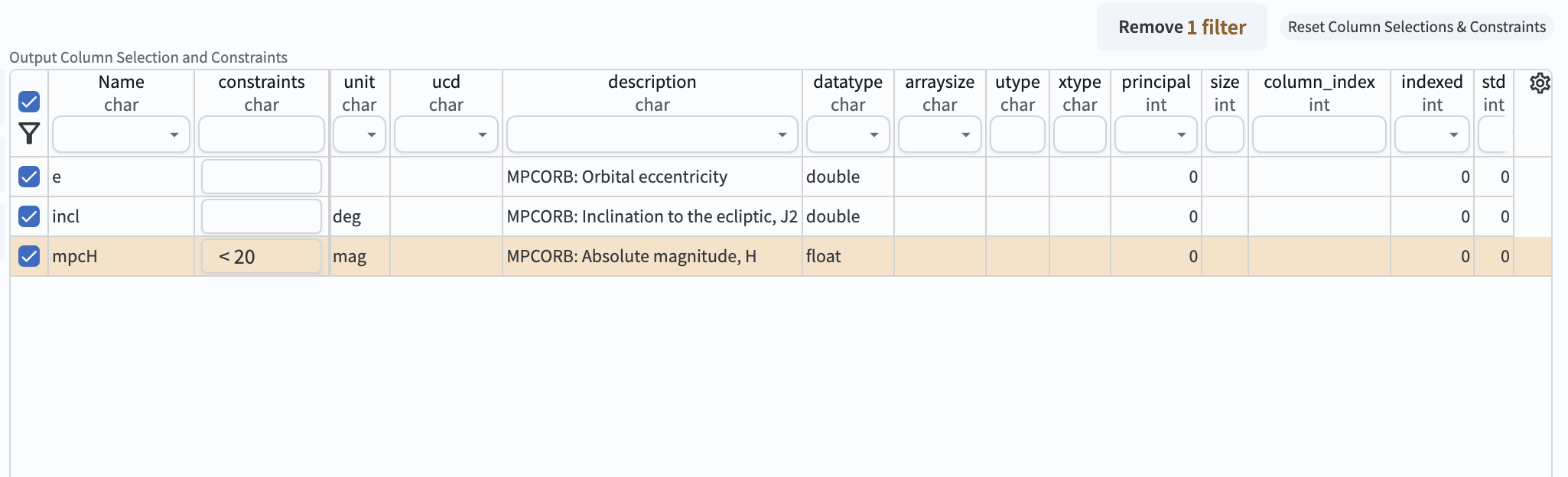 A screenshot of the Portal's table interface showing the query set up.