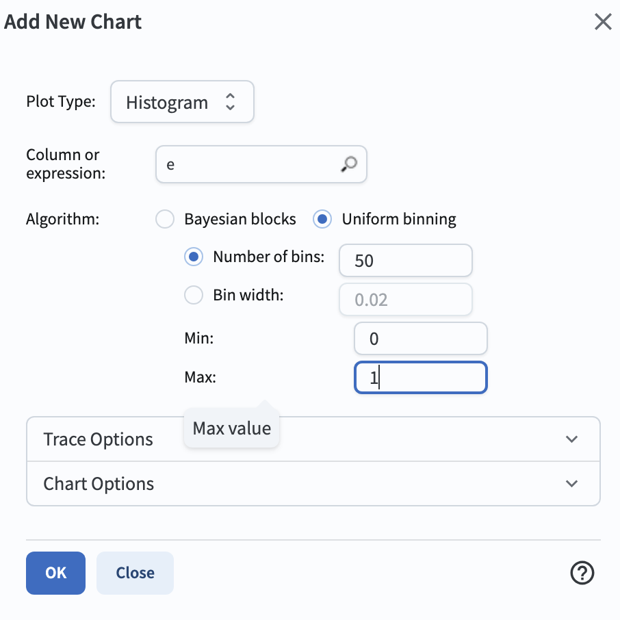 A screenshot of the Plot Parameters pop-up window set to create a histogram of eccentricities.