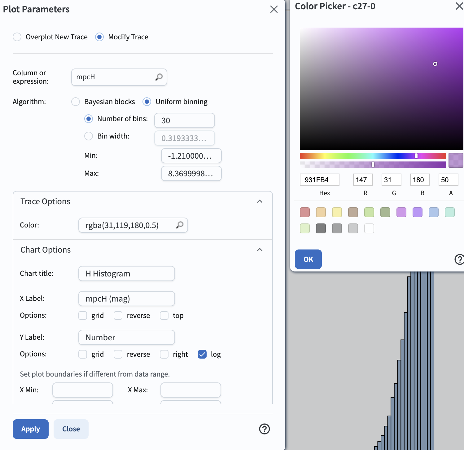 A screenshot of the Plot Parameters and Color Picker pop-up windows.