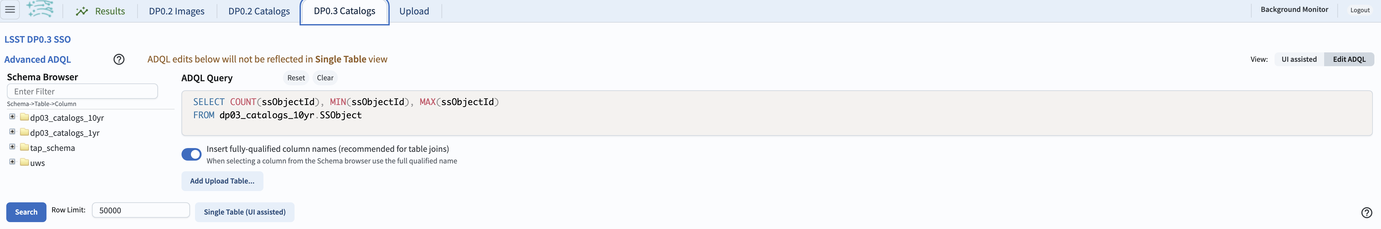 A screenshot of the ADQL query to obtain table information.