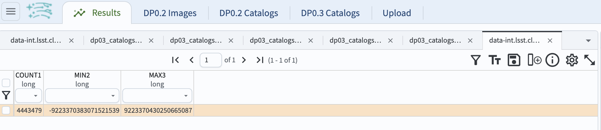A screenshot of the results showing count, minimum, and maximum for ssObjectId.