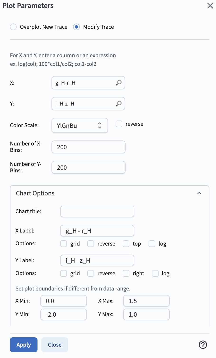 A screenshot of the plot parameters pop-up window set to make a color-color diagram.