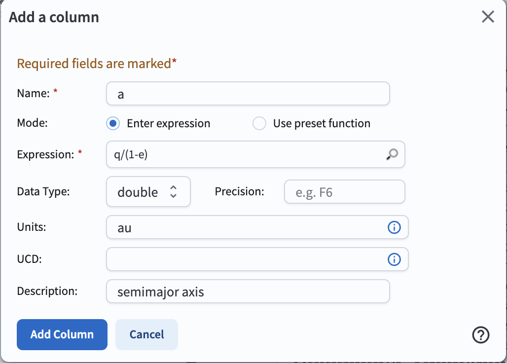 A screenshot of the pop-up window to add a column.