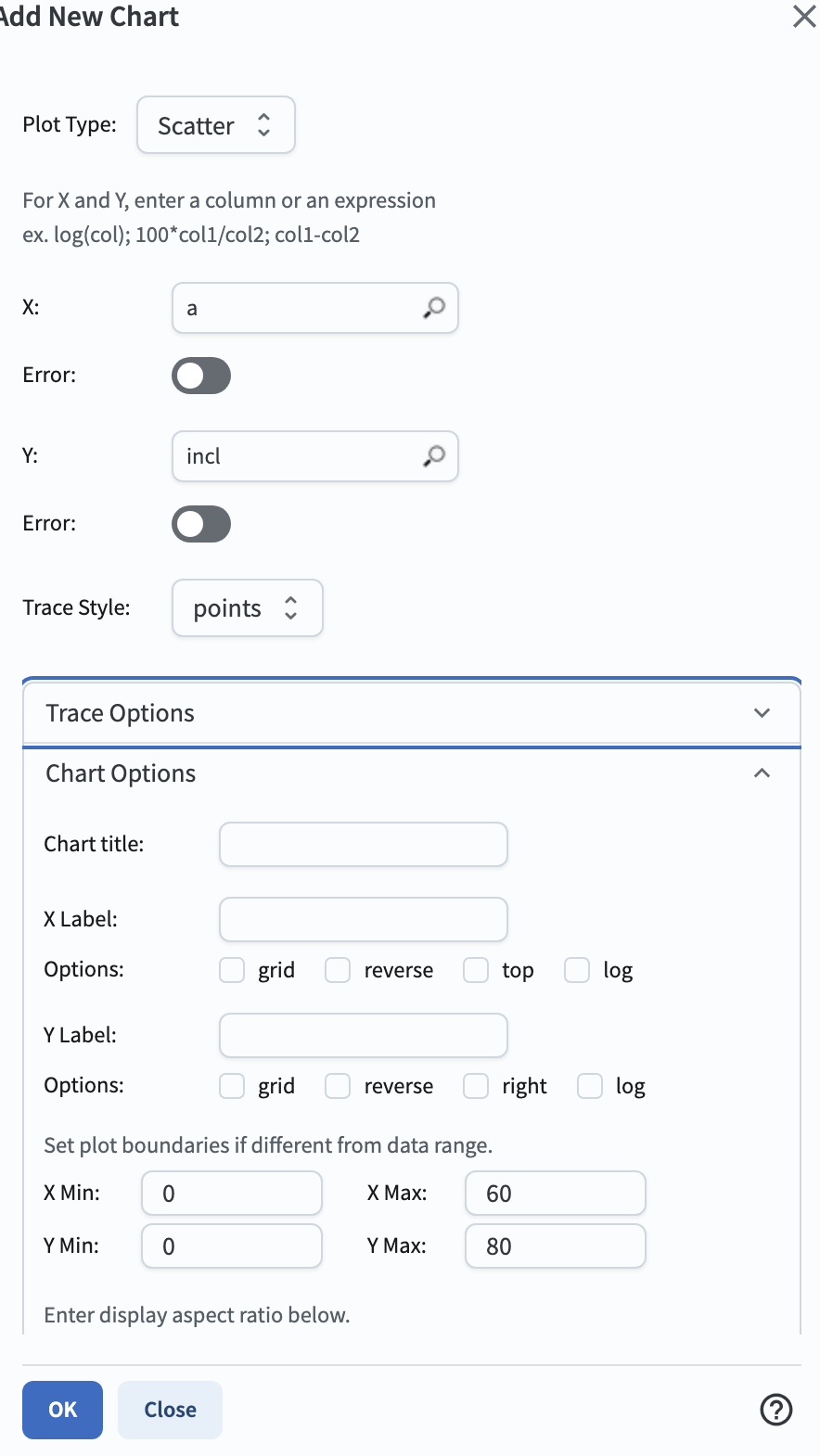 A screenshot of the plot parameters pop-up window.