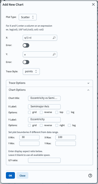 A screenshot of the plot parameters for the eccentricity vs. semimajor axis plot