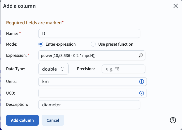 screenshot illustrating the expression needed to make the new column containing the diameter