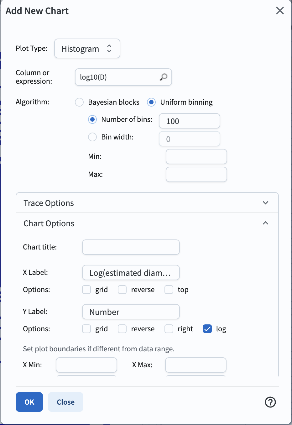 screenshot illustrating the plot parameters for displaying the distribution of estimated diameters