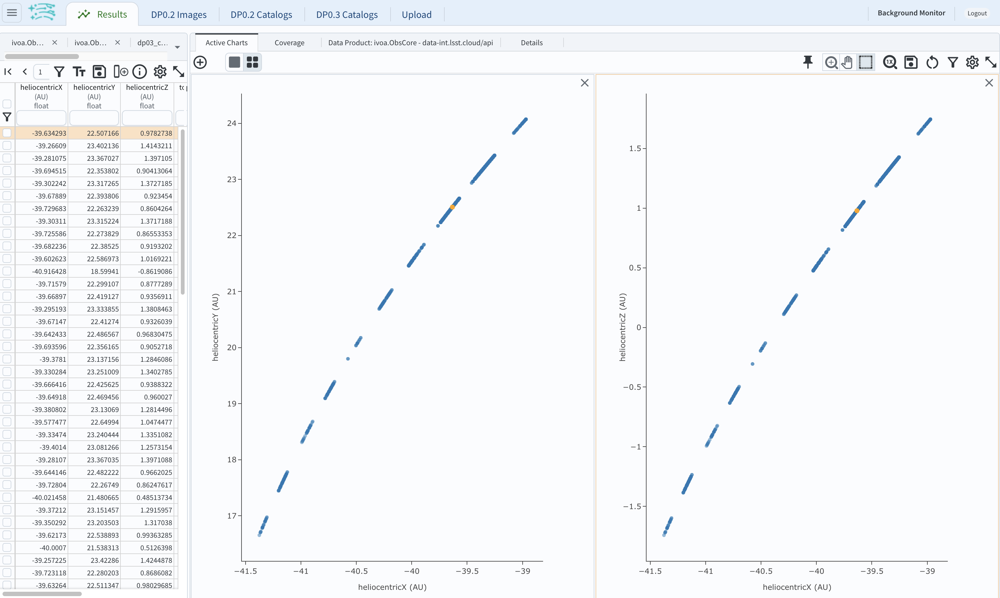 A screenshot of plots showing the heliocentric Y and heliocentric Z vs. heliocentric X distance of the transneptunian object as a function of time.