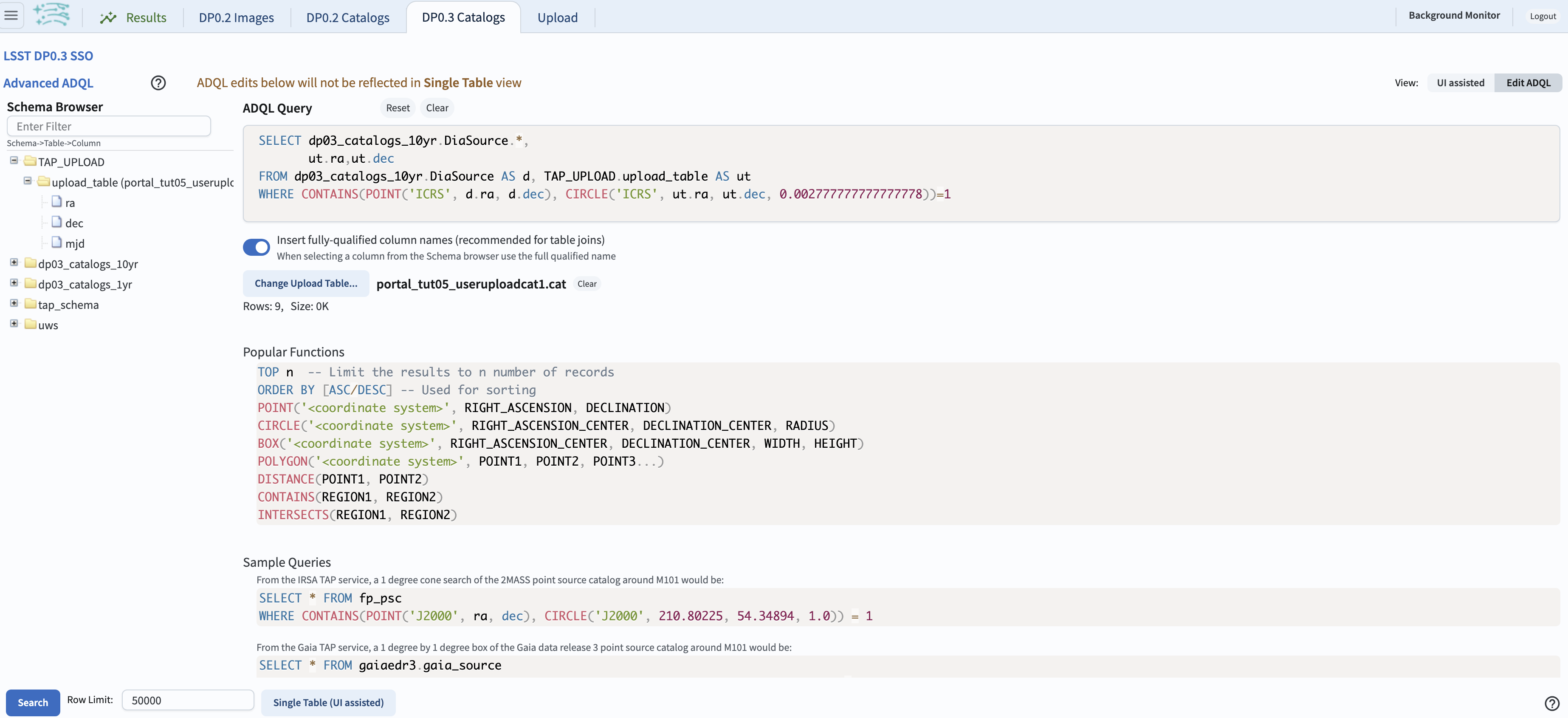 A screenshot of the "advanced ADQL interface".