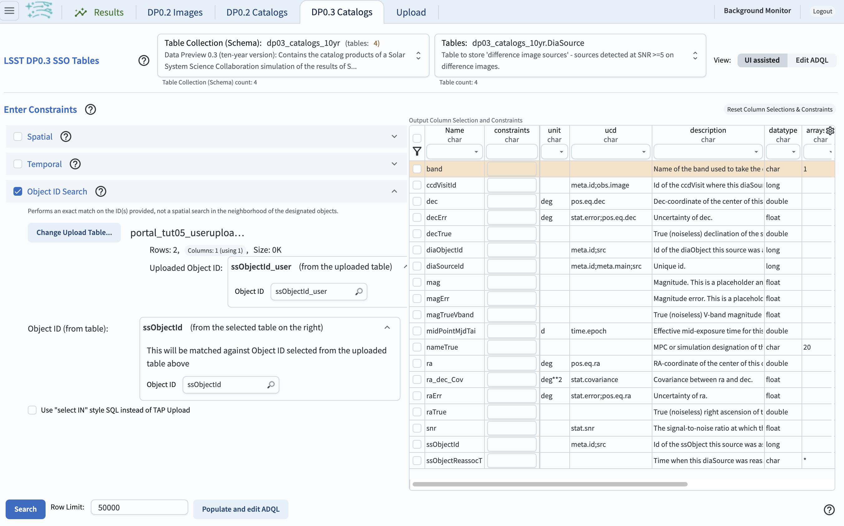 A screenshot of the portal user interface demonstrating the view after correctly uploading a table of IDs and identifying how to match to the DP0.3 catalog.