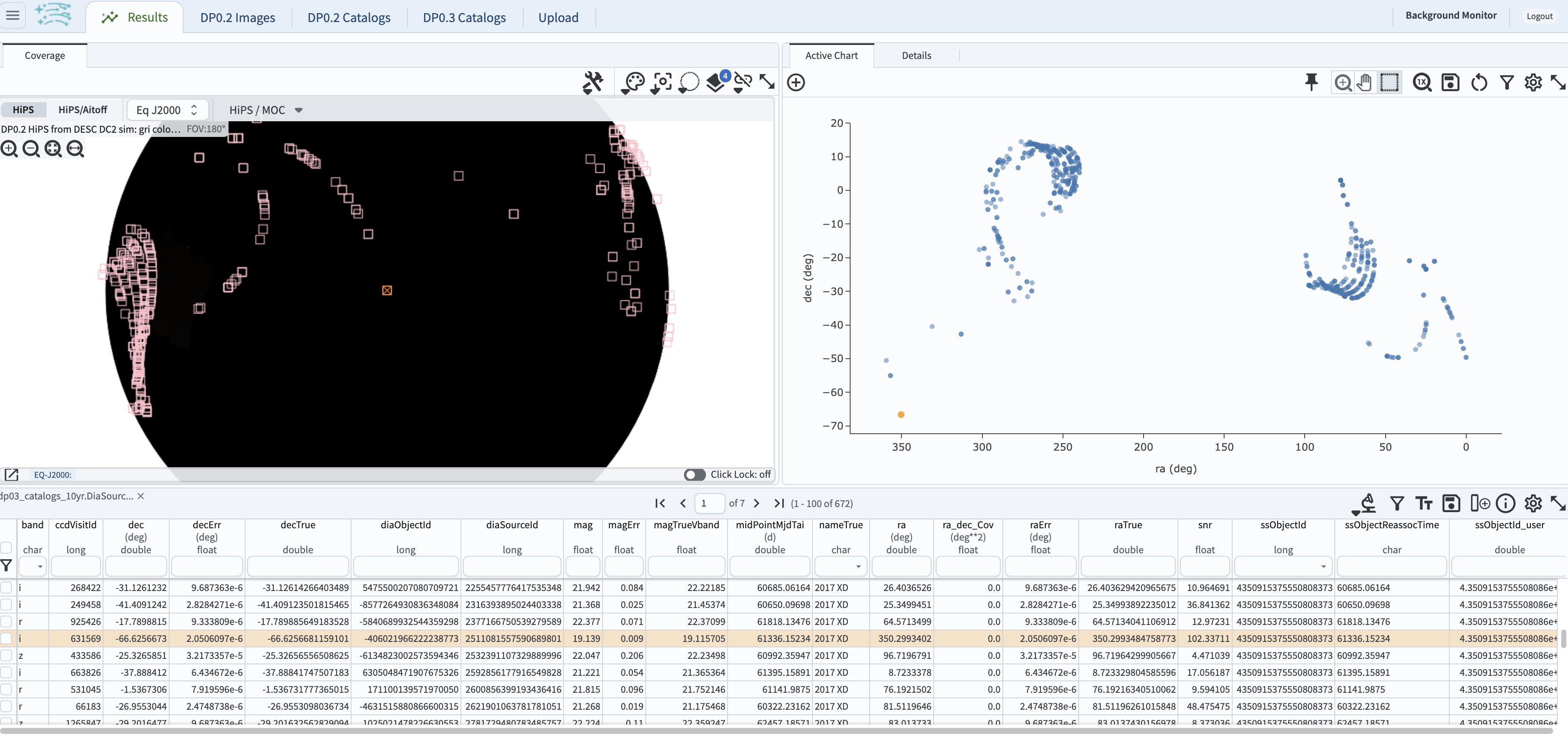 A screenshot of the portal user interface after searching the 10 year catlaog for 2 unique solar system objects based on their ssObjectIDs.