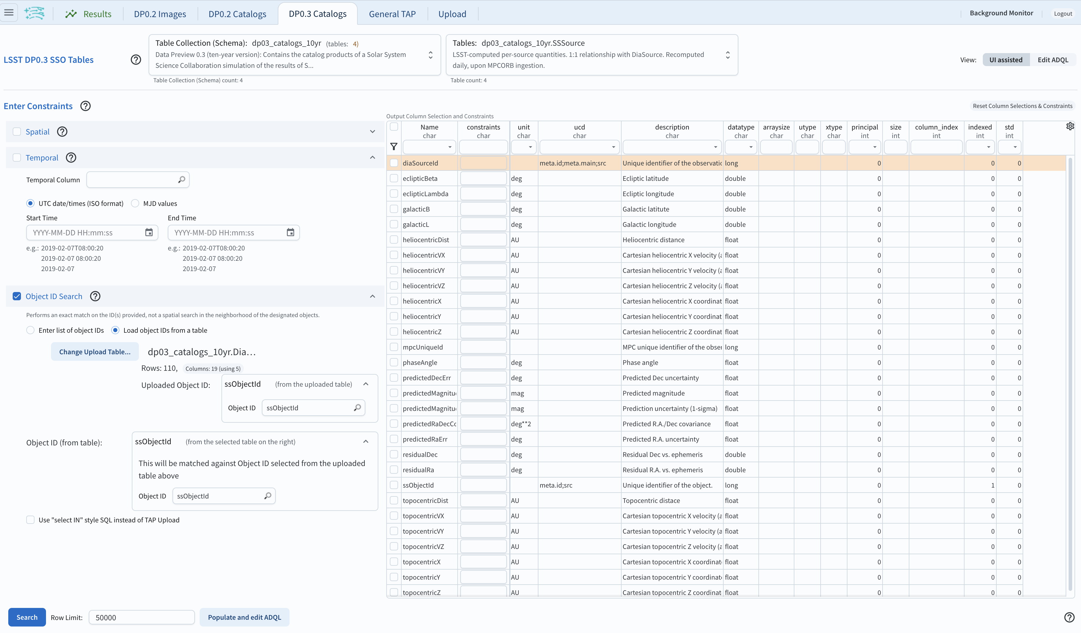 A screenshot of the fully populated "Object ID Search" section of the UI.
